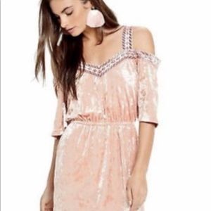 Crushed pink velvet off the shoulder dress